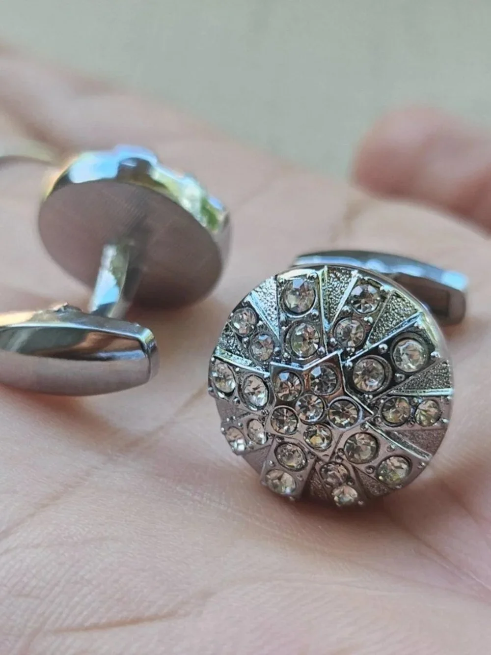 Crystals Accent Cufflinks Men Jewelry Fashion Silver Tone Stud Round Cuff Links